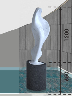 Maria enlargement carved in Carrara marble, 120 cm | 4 ft sculpture height, with basalt plinth, 23/5000 shown in an environment