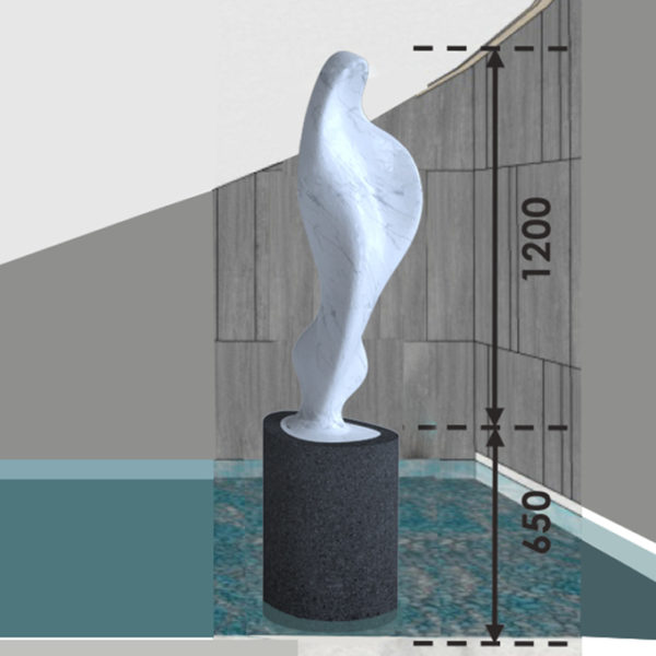 Maria enlargement carved in Carrara marble, 120 cm | 4 ft sculpture height, with basalt plinth, 23/5000 shown in an environment